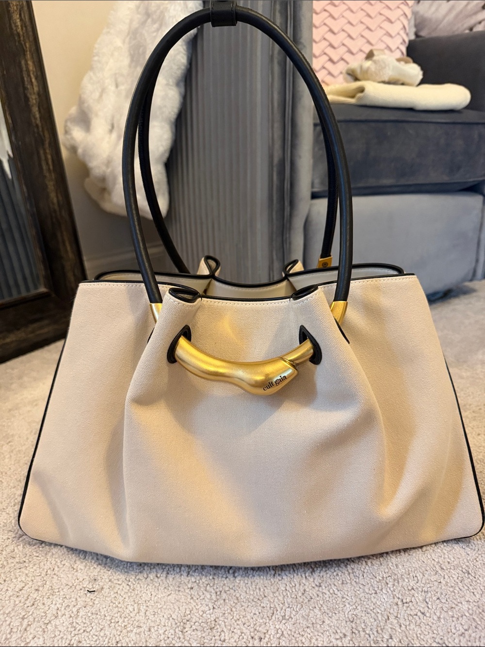 New CULT GAIA Elegant Cream Tote with Gold Accent